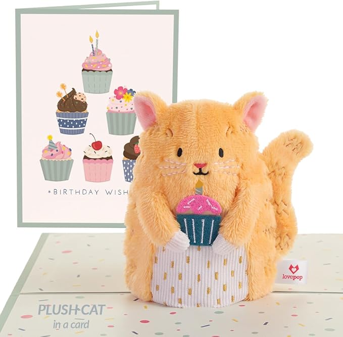 Lovepop Plushpop Soft Animal Pop-Up Card for Her and Him - 3D Birthday Greeting Card for Boys, Girls, Men, Women - Cupcake Cat - 6" x 8" Card