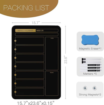 SELEAD Magnetic Glass Whiteboard Weekly Planner - 16”x24” Dry Erase Calendar White Board for Wall, Menu Notes Grocery List Board for Home Kitchen Restaurant - Black&Gold