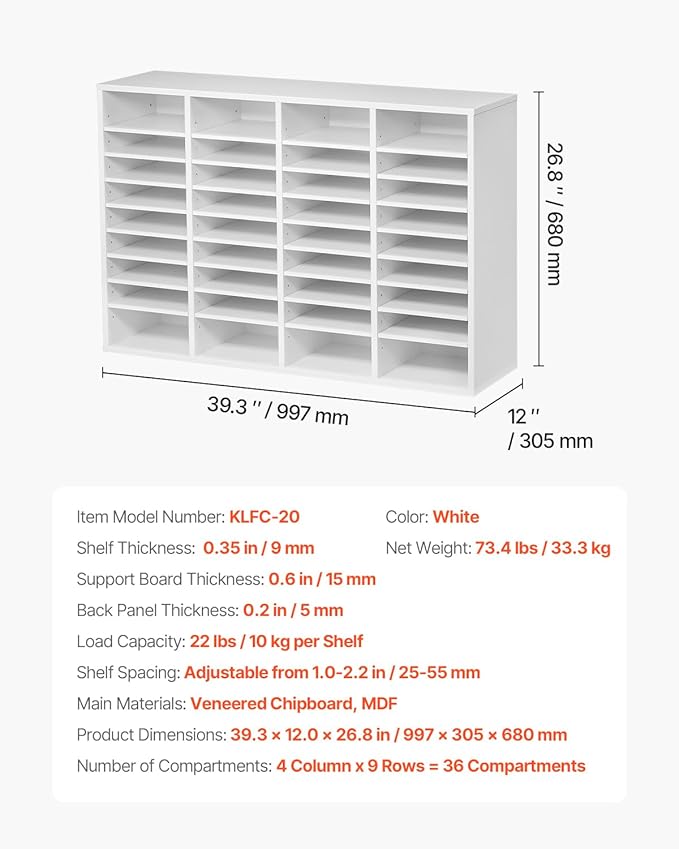 VEVOR Literature Organizer, 36 Compartments Office Mailbox with Adjustable Shelves, Wooden Mailbox Sorter Medium Density Fiberboard Office Home Classroom Storage for Files, Documents, Papers, White