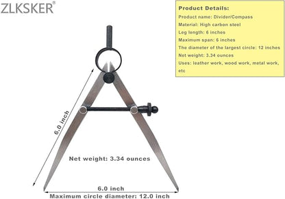 ZLKSKER 6 Inch Adjustable Lockable Steel Divider Wing Leather Compass