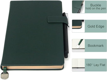 A5 Hard Cover Notebook with Pen Holder, Gold Edges & 180° Lay Flat - Large 5x8.25 Lined, Bookmark, Gift Box - Durable Journal for Office, Study, Travel - Writers, Students (Dark Green)