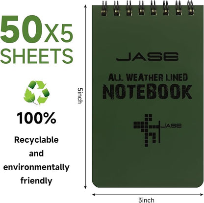 Yamadura All-Weather Top-Spiral Notebook 3" x 5" Green Cover Waterproof Shower Aqua Notes Notepad Notebook(5 Pack)