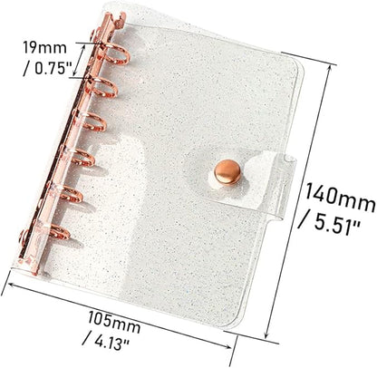 Glitter Powder PVC Binder Cover 6 Round Ring Binders Snap Button Closure Loose Leaf Folders Refillable Soft PVC Notebook Shell Protector (Rose Gold 6 Rings, A7 Binder)
