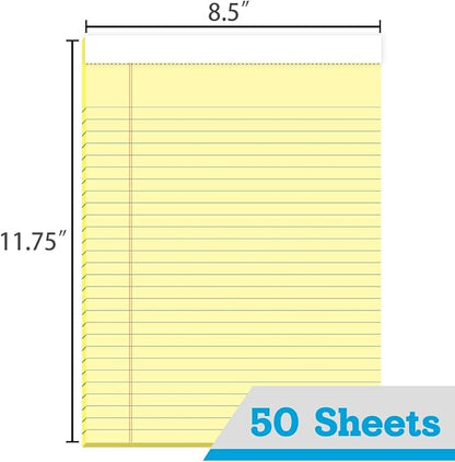 KAISA Legal Pads 8.5x11 Writing Pads Wide Ruled Notepads 8.5"x11.75" Canary Note Pads, Yellow 50 Sheets 12 Pads,WT-MCY50W