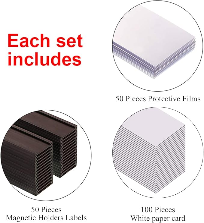C Channel Magentic Label Holders 1x2 Inch with Paper Inserts and Clear Plastic Protectors,Magnetic Data Card Holders File Cabinet Labels,Pack of 50