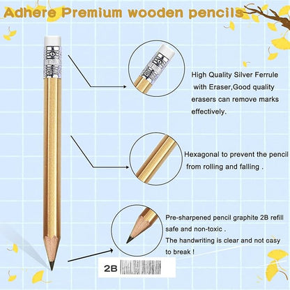 Adhere 25pcs Golf Pencils with eraser Hexagon Wooden Pencils Graphite 2B for Golf Event Scoring,Classroom,Wedding,Company Meetings,Pew, Pocket (Gold)