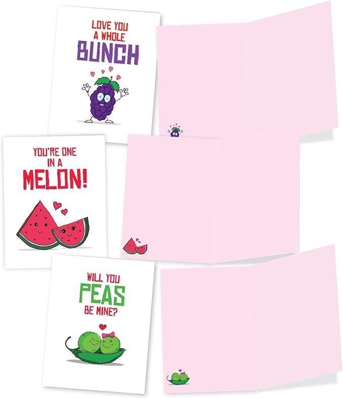 The Best Card Company - 10 Funny Assorted Blank Humor Notecards Box Set 4 x 5.12 Inch w/Envelopes Loving Cartoons for Men, Women (10 Designs, 1 Each) - Romantic Yummy Puns M5659OCB-B1x10