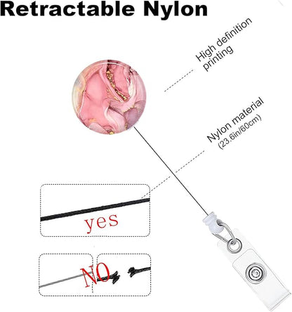 Pink Marble Badge Reels Holder Retractable with ID Clip for Nurse Name Tag Card Nursing for Doctor Teacher Student Employee Office Medical Work
