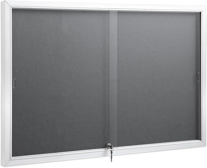 SWANCROWN Enclosed Locking Bulletin Board Gray Fabric Message Board with Sliding Glass Doors,for Indoor Use,48"x34"