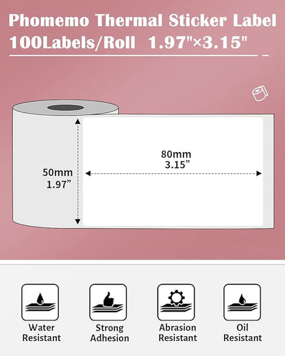 Phomemo Thermal Labels- Sticker Label for M110/M221/M220/M120/M200 Label Printer,1.97"x3.15"(50x80mm),100 Labels/Roll, Black on White