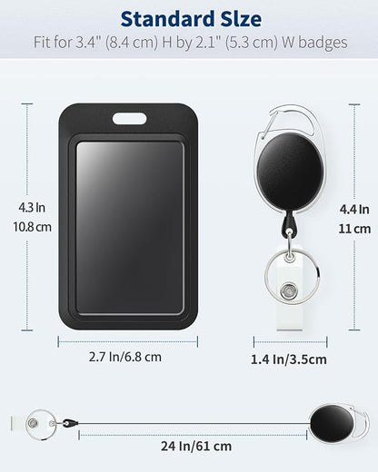 Uniclife 2 Pack Sliding Badge Holder Hard Black Vertical Plastic Card Case Protector with Retractable Badge Reel Carabiner for Office School ID Credit Proximity Key Card Driver’s License and Pass