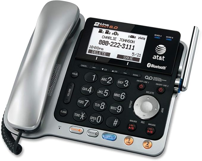 AT&T TL86109 DECT 6.0 2-Line Expandable Corded/Cordless Phone with Bluetooth Connect to Cell, Answering System and Base Speakerphone, 1 Corded Handset and 1 Cordless Handset, Silver/Black
