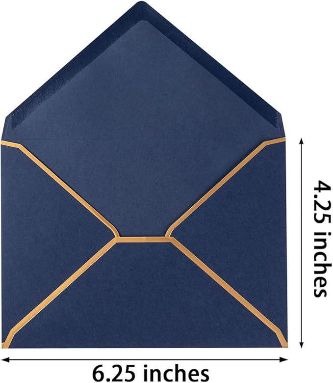 50 Pack Navy Blue A4 Envelopes 4x6 Self-Adhesive V Flap Envelopes with Gold Border for Office, Greeting Card, Wedding, Graduation, Baby Shower, Parties, Invitations (4.25x6.25 inches)
