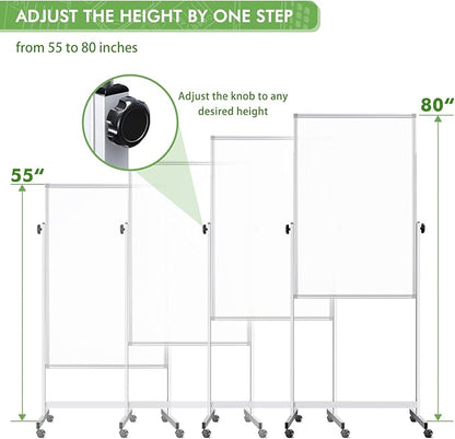 Mobile Whiteboard 32 x 48 inches Height Adjustable Dry Erase White Board, Standing Easel Whiteboard on Wheels, Double-Sided Magnetic Whiteboard with Stand for Office, Home, and Classroom