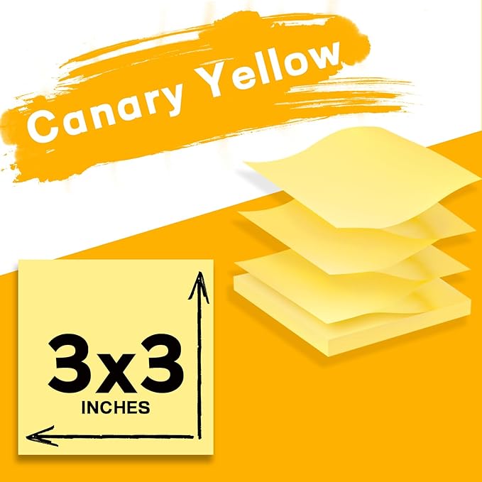 (24 Pads) Pop Up Sticky Notes 3x3 Refills, Canary Yellow Strong Adhesive Post, Suitable for Home, Office, School, Clean Removal
