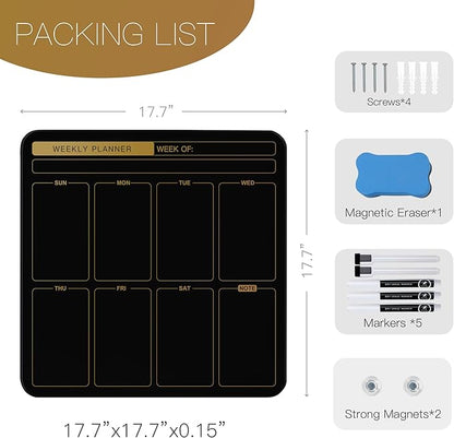 SELEAD Magnetic Glass Planning Board for Small Apartment - 18”x18” Dry Erase Whiteboard Weekly Planner Wall Calendar, Message Memo TODO Board for Home Kitchen, Black&Gold
