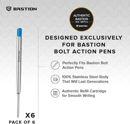 BASTION® Premium Pen Refill, Deeply Pigmented Ink for All Bastion Bolt Action Luxury Pens, Standard Ink Refill with 0.55mm Fine Tip - Blue Gel, 6 PC