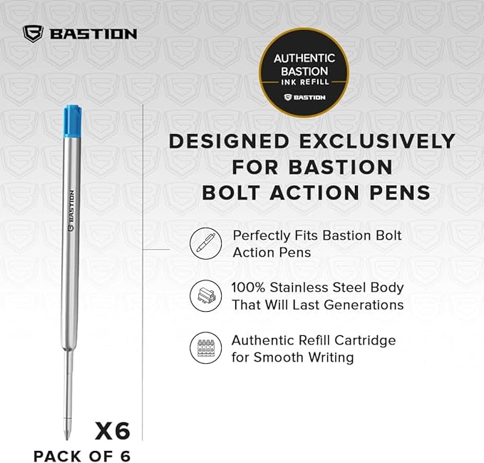 BASTION Pen Refill Ballpoint Blue | Replacement for All Bastion Bolt Action Pens | Standard Pen Ink Refills Cartridge (Blue 6 pc)