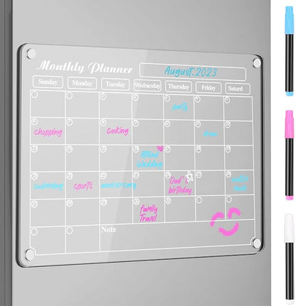 DIYMAG Acrylic Magnetic Dry Erase Calendar for Fridge, Clear Acrylic Calendar Planning Board Magnetic Monthly Planner Menu for Refrigerator with 3 Highlight Markers