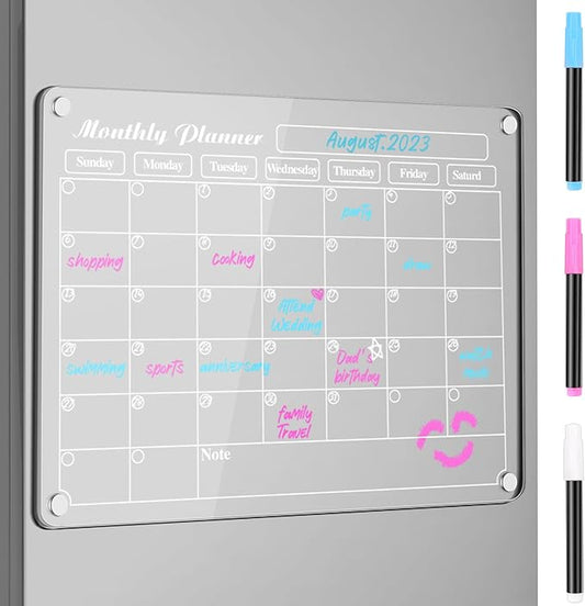DIYMAG Acrylic Magnetic Dry Erase Calendar for Fridge, Clear Acrylic Calendar Planning Board Magnetic Monthly Planner Menu for Refrigerator with 3 Highlight Markers