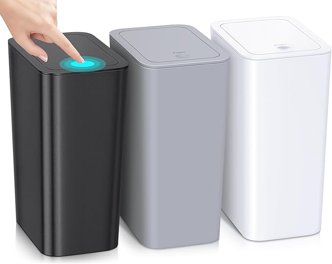 SHPMXUPW 3 Pack Bathroom Small Trash Can with Lid,10L / 2.6 Gallon Slim Garbage Bin Wastebasket with Pop-Up Lid for Bedroom, Office, Kitchen, Craft Room, Fits Under Desk/Cabinet/Sink