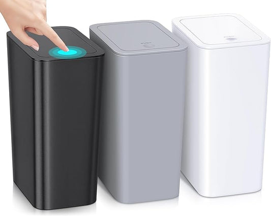 SHPMXUPW 3 Pack Bathroom Small Trash Can with Lid,10L / 2.6 Gallon Slim Garbage Bin Wastebasket with Pop-Up Lid for Bedroom, Office, Kitchen, Craft Room, Fits Under Desk/Cabinet/Sink