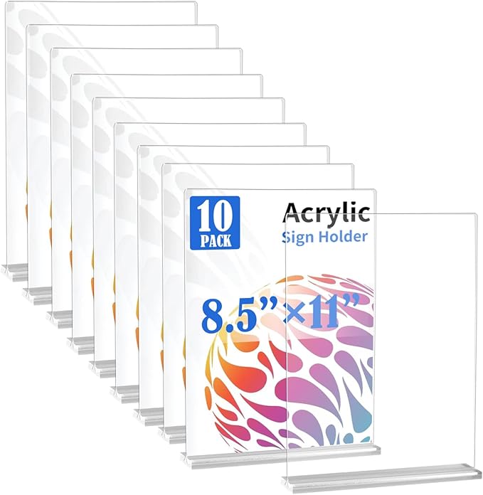 10 Pack Acrylic Sign Holder 8.5 X 11, Vertical T Shape Clear Plastic Sign Holder, Double Sided Clear Display Stand Table Top Sign Paper Holder, Sign Holder Suitable for Office, Store
