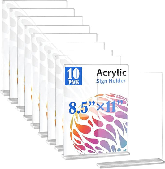 10 Pack Acrylic Sign Holder 8.5 X 11, Vertical T Shape Clear Plastic Sign Holder, Double Sided Clear Display Stand Table Top Sign Paper Holder, Sign Holder Suitable for Office, Store