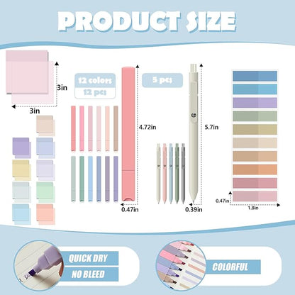 Jutom 39 Pcs Aesthetic Book Annotation Kit Pencil Case Bag with Highlighter Gel Pen 700 Sheets Transparent Sticky Notes Pads Index Tab Bible Study Supplies for School(Green,Cute Style)