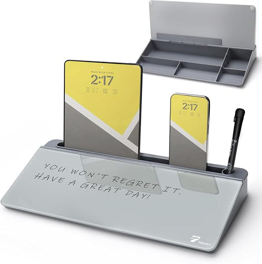 TOWON Small Tilted Desktop Glass Whiteboard, Notepad Computer Keyboard Stand with Dry Erase Board Surface, Desk Organizers with Accessories for Office, Home, School Supplies, Gray, 18 x 6 Inches