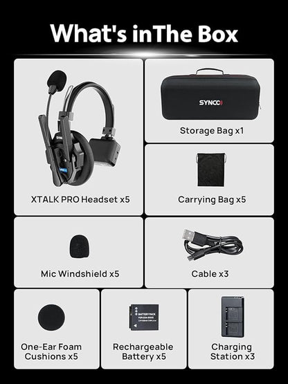 SYNCO XTALK XPro5 X5 Wireless Intercom Headset System 2.4 GHz Full Duplex 1640feet/500 Meter Communication System for Live Show Stage Performance Movie Shoot (XPro5/5 Persons)