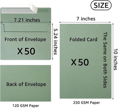 Wishop 50 Pack Self-Adhesive Envelopes with Fold Cards for Wedding Invitations, Greeting Cards, Baby Shower, Letter Mailing (Sage-Green, 5x7)