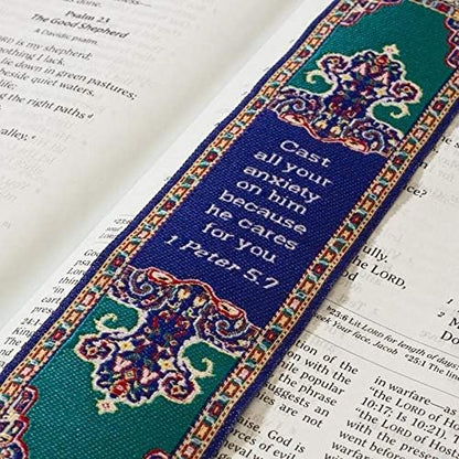Don't Be Anxious, Bulk Pack of 6 Woven Fabric Christian Bookmarks, Silky Soft 1 Peter 5:7 Flexible Bookmarker for Novels Books and Bibles, Traditional Turkish Woven Design, Memory Verse Gift