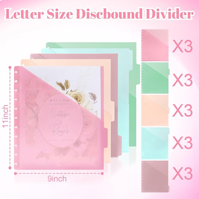 15Pcs Letter Size Discbound Pocket Dividers Dividers with Tabs and Pockets Discbound Pocket Folders 8.5 x 11 DiscBound Binder Dividers Plastic Dividers with Tabs DiscBound Planner Supplies for Office