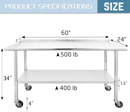HALLY Stainless Steel Table for Prep & Work 24 x 60 Inches with Caster Wheels, NSF Commercial Heavy Duty Table with Undershelf and Backsplash for Restaurant, Home and Hotel