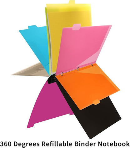 2 Pcs Pivotable Refillable Notebook, 3 Ring Binder Notebooks 1 Inch, Notebook with Dividers and Pockets, Folder Notebook, Flexible Binder, Soft Binders 3 Ring, Foldable Binder- Pink