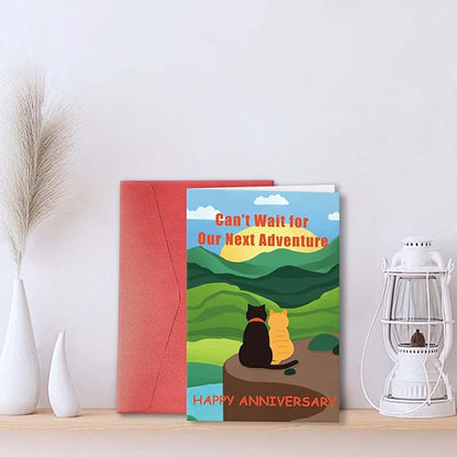 Funny Cat Anniversary Card Gift for Him Her, Happy Anniversary Card for Cat Lover, Romantic Cat Love Card for Boyfriend Girlfriend, Can't Wait for Our Next Adventure