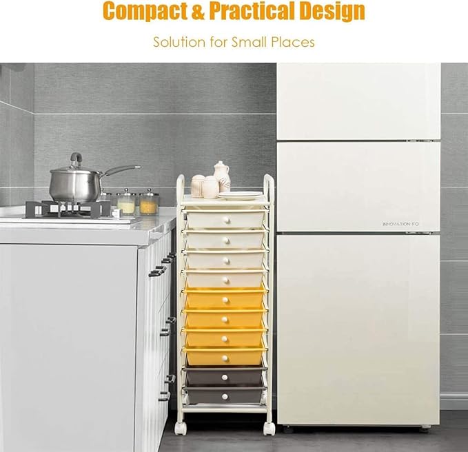 Storage Cart, Rolling Utility Cart with 10 Drawers, Portable Handles & Lockable Wheels, Mobile Paper Toys Storage Organizer Large Capacity for Home Office School Teacher (Yellow)