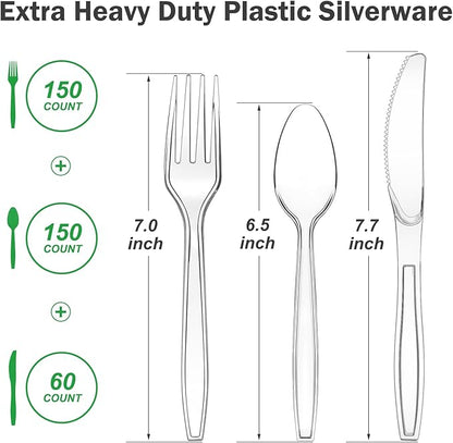 300 Count Extra Heavy Duty Clear Plastic Silverware, 100 Forks, 100 Spoons, 100 Knives, BPA-Free, Heat Resistant, Disposable Plastic Utensils Set, Plastic Cutlery Set, Plasticware Bulk