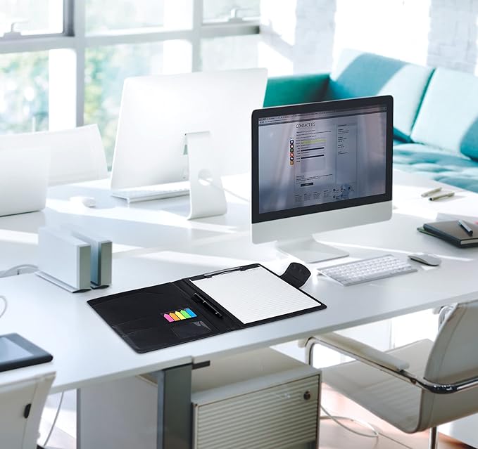 A4 Padfolio Clipboard Folder Portfolio,PU Leather Interview Resume Folder with Magnetic,Document Organizer,Business Card Holder,Letter-Sized Notepad Legal Pad Holder for Men Women School Office,Black