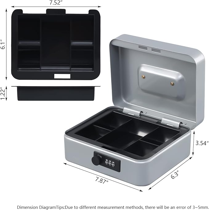 KYODOLED Cash Box with Combination Lock,Safe Metal Box for Money,Storage Lock Box with Money Tray,7.87"x 6.30"x 3.54" Lightgrey Medium