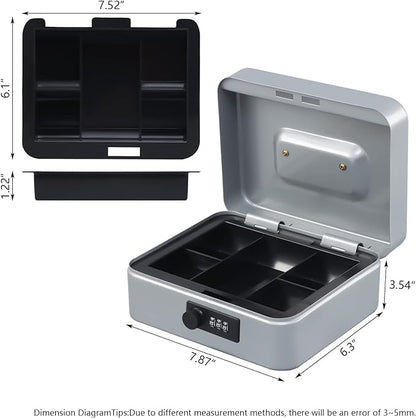 KYODOLED Cash Box with Combination Lock,Safe Metal Box for Money,Storage Lock Box with Money Tray,7.87"x 6.30"x 3.54" Lightgrey Medium