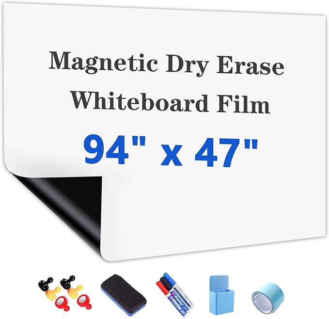 Magnetic White Board Film, 94" x 47" Dry Erase Board for Wall, Self Adhesive Whiteboard Paper Set for Office, Conference Room, Classroom, Home, Include Marker, Magnetic Eraser and Magnets