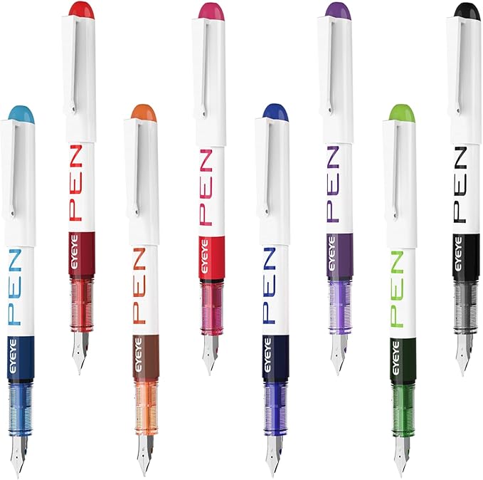 EYEYE Fountain Pens for Writing, 8 Pack Assorted Colors Fine Point Disposable Fountain Pens Stainless Steel Nib, Smooth Writing for Calligraphy, Journaling, Drafting, Sketching, Doodling & Gifts