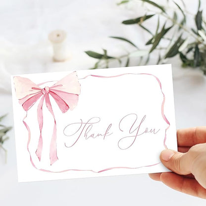 Whaline 24 Pack Pink Bow Thank You Cards Coquette Bow Greeting Cards with Envelopes Stickers Blank Note Cards for Wedding Bridal Baby Shower Birthday, 4 x 6 Inch