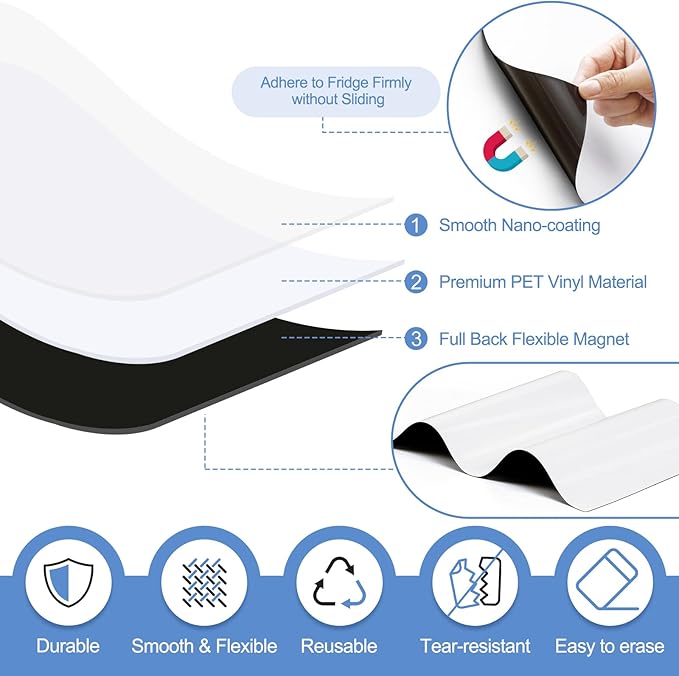 6 Pack Magnetic Dry Erase Board Sheet for Fridge, 12"x8" Erasable Refrigerator WhiteBoard w/ 6 Markers & 1 Eraser- Smooth and Flexible Small Magnet Blank Notepad for Home Kitchen Organizer and Planner