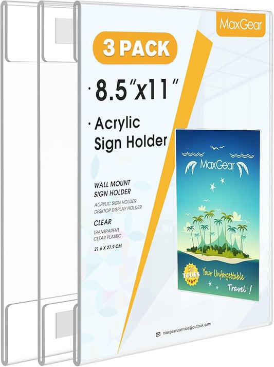 MaxGear 3 Pack Acrylic Sign Holder 8.5 x 11 Wall Mount Sign Holder with Double-Sided Tape, Clear Plastic Sign Holders, Plexiglass Document Flyer Acrylic Frame for Office, Home, Store, Restaurant