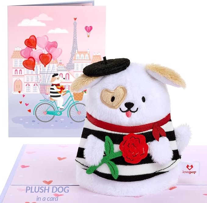 Lovepop Plushpop Soft Animal Pop-Up Card for Her and Him - 3D Greeting Card for Boys, Girls, Men, Women - French Love Dog - 6" x 8" Card
