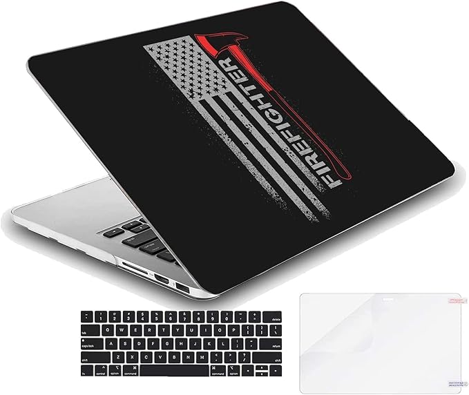 Compatible with MacBook Air 13.6-inch Hard Protective Shell Cace and Keyboard Cover (A2681, M2 chip, 2022 Release) - Firefighter and USA Flag of Star and Stripe