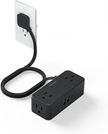 Black Extension Cord 5 Ft, Flat Surge Protector Power Strip with 4 Wide Spaced AC Outlets with 3 USB Ports (1 USB C), Ultra Thin Flat Plug with Surge Protection Desktop Organizers and Accessories